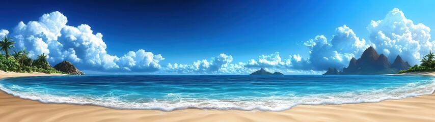 A serene beach scene with soft sand, gentle waves, and a clear blue sky framed by lush tropical trees and distant mountains.