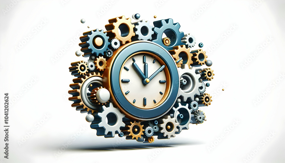 Poster 3d clock floating gears icon mastery time management mechanical systems innovation productivity effi
