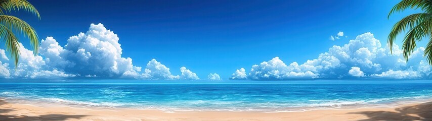 Obraz premium Stunning tropical beach with clear blue sky, fluffy clouds, and tranquil ocean waves lapping gently on the sandy shore.