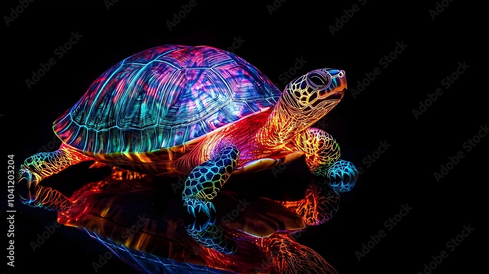 Poster neon turtle with glowing patterned shell moving across black background