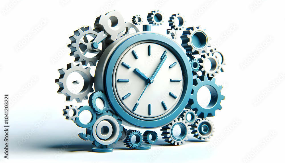 Poster 3d floating clock icon with gears, mastery in time management, innovation in mechanical systems, iso