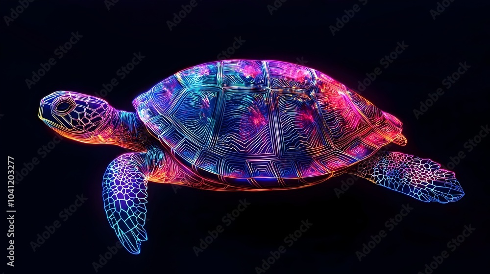 Poster neon turtle with intricate patterned shell slowly moving across dark background