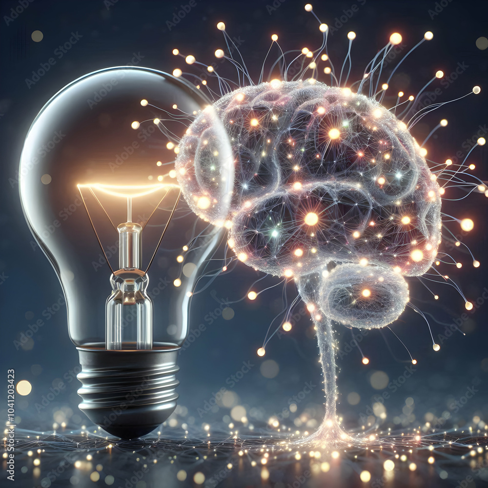 Poster 3d bokeh light bulbs morph brain neurons concept macro shot glowing bulbs transform network illumina
