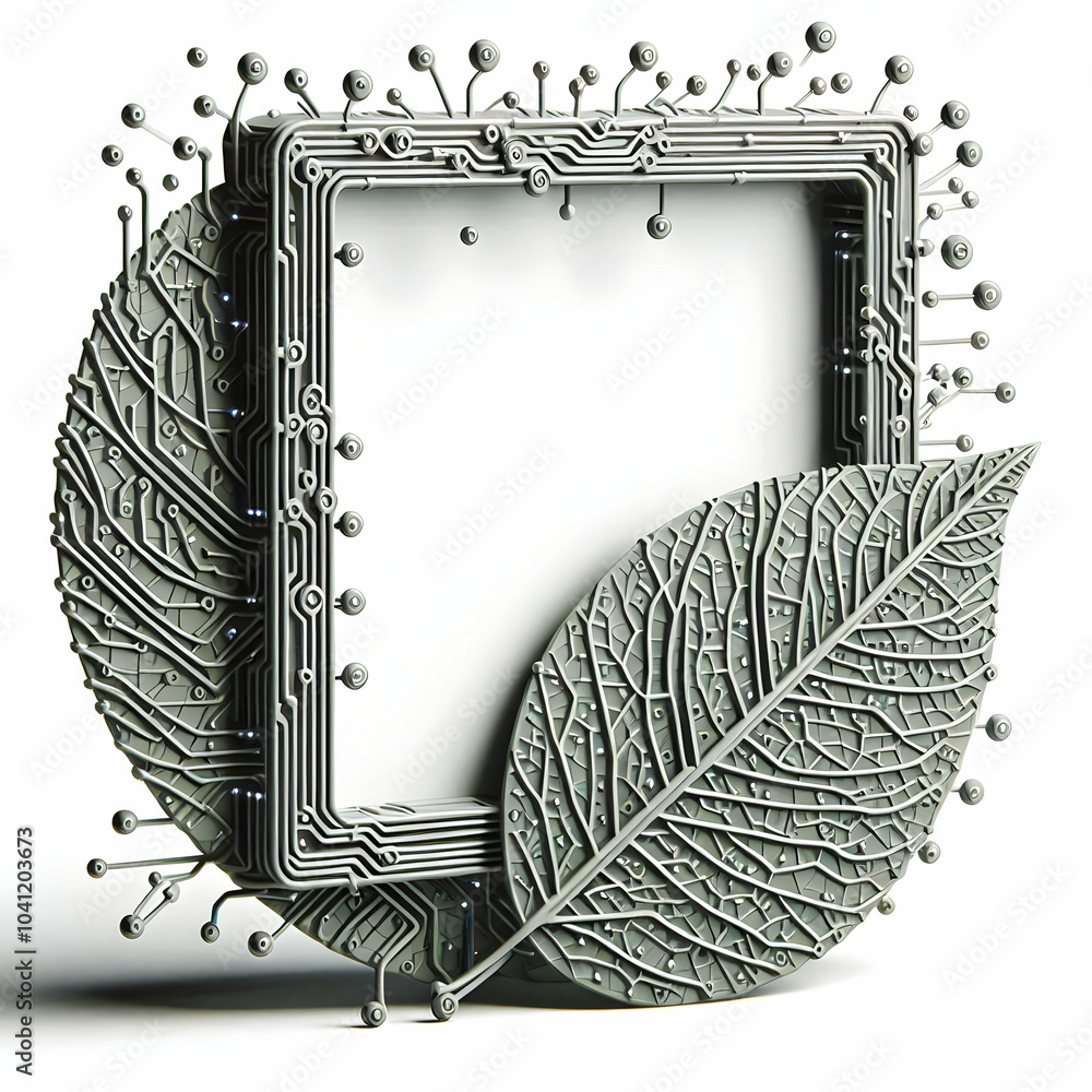 Aufkleber 3d organic leaf shaped frame with digital elements - close up of leaf shaped frame with veins to cir