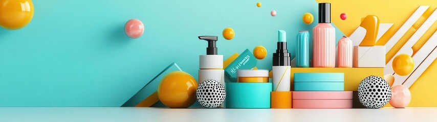 Colorful display of modern beauty products featuring vibrant bottles, jars, and playful geometric shapes on a bright background.