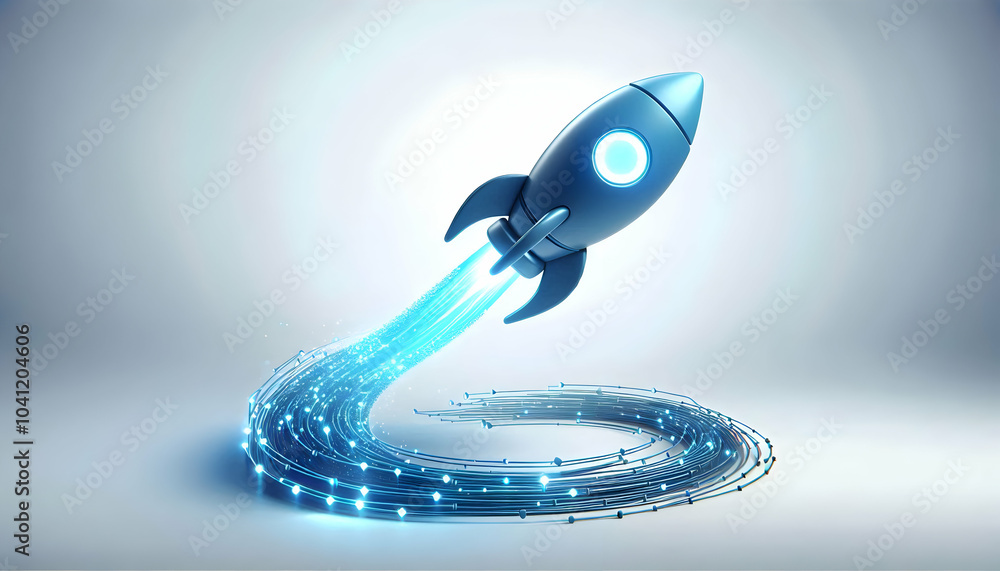 Poster 3d floating rocket icon with glowing digital path trail concept for innovation mastery, forward thin