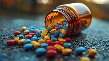 Colorful pills spill from a brown bottle on a textured surface with a blurred natural background in soft lighting