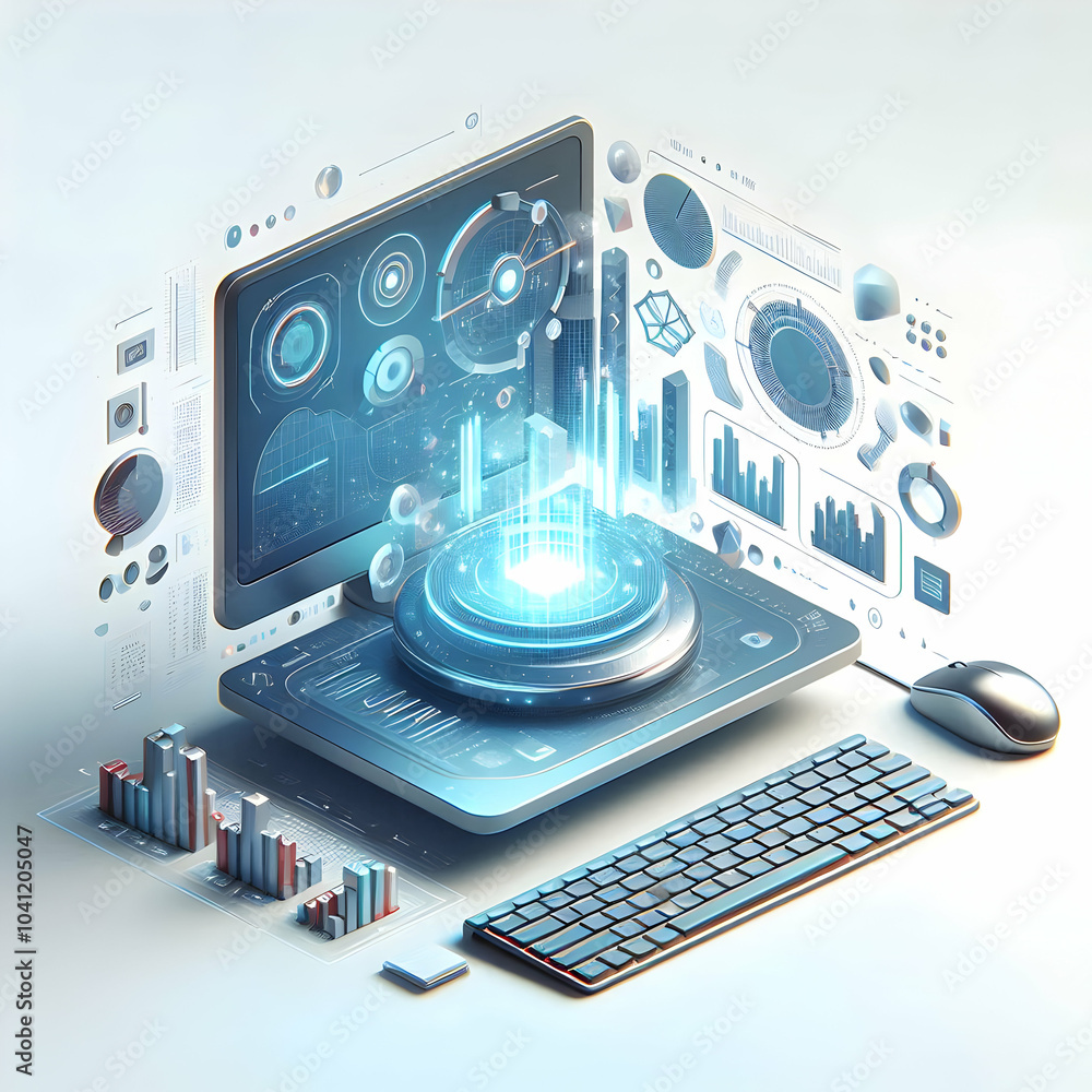 Poster 3d holographic desktop visualization floating data charts glowing keyboard interface minimalist mode