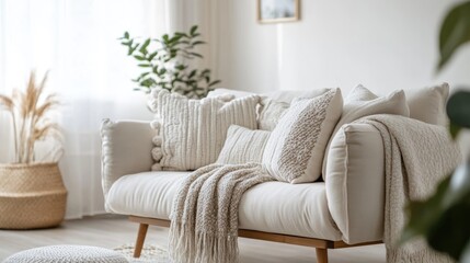 Obraz premium Modern living room featuring a cozy white sofa adorned with pillows and a blanket creating a warm and inviting home atmosphere