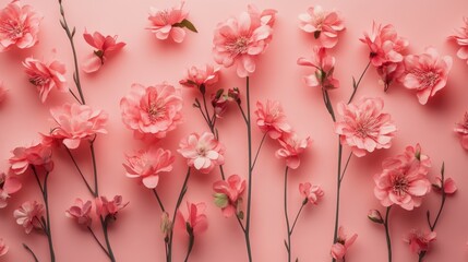 A lively arrangement of pink blossoms set against a pink backdrop