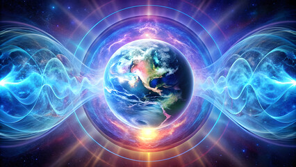Obraz premium Earth Emitting Blue and Violet Energy Waves of Consciousness. Perfect for: Earth Day, Global Meditation Day, Winter Solstice
