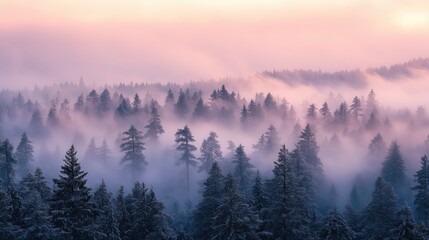 Fototapeta premium Mist covered forest at dawn Nature photography
