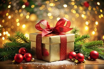 Stunning Christmas Gift Scene. Festive Gift Wrapped in Joy. Beautiful Xmas Present Design. The Gift of Christmas Magic. Elegant Festive Gift Display.