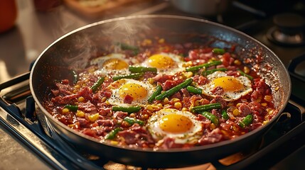 In a cast iron pan, bacon and eggs for breakfast while camping. In the woods, a skillet of fried eggs and bacon. aliments in the camp. bacon and eggs scrambled, on fire. Picnic
