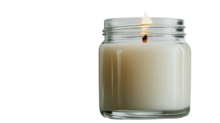 Tranquil ambiance with white candle in glass jar for home decor and relaxation - transparent background png