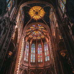 Fototapeta premium Stained Glass Windows and Vaulted Ceiling in a Historic Church