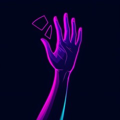 Obraz premium Neon hand reaching for geometric shapes in dark space