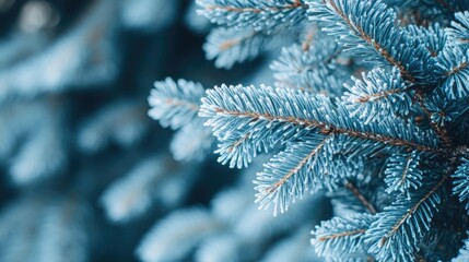 Frosted evergreen tree backdrop with icy blue spruce branches in focus Snow covered fir tree branch with space for text showcasing winter frost details