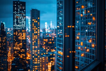 Nighttime View of Cityscape Through Window with Bokeh Lights