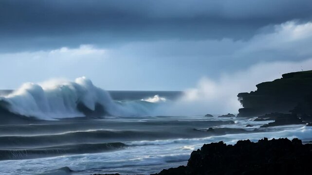Dramatic storm lighting illuminates crashing waves against a rocky shore in this static, wide video.