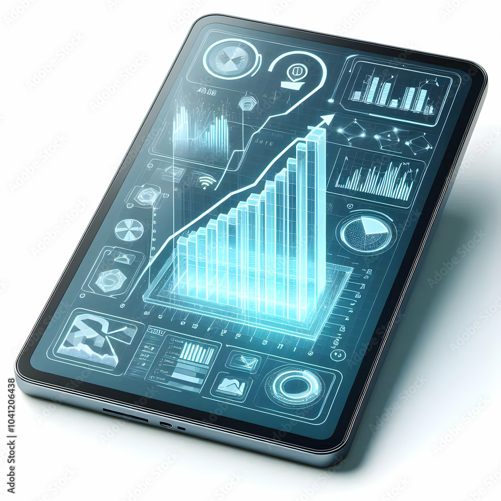 Poster flat holographic tablet displaying 3d economic growth chart in transparent design - wide shot with f