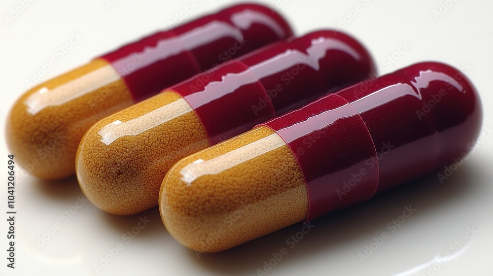 Poster close-up of three shiny capsules with a maroon and beige color scheme arranged neatly on a smooth su