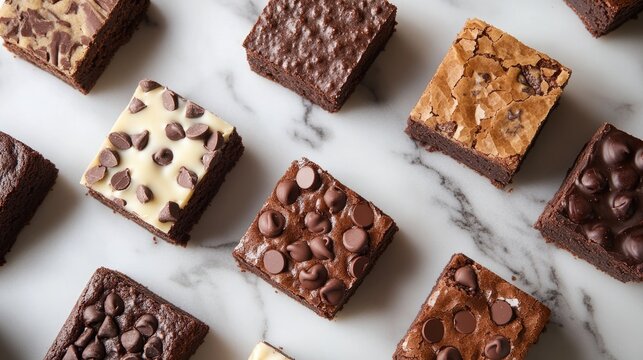 Assorted chocolate brownies featuring chocolate chips elegantly arranged on a marble surface embodying a gourmet dessert theme