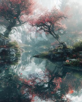 Explore the boundaries of reality and virtuality with a tilted angle depiction of a dreamlike landscape where synthetic intelligence meets emotional consciousness