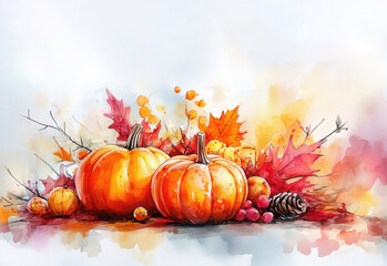 Pretty watercolour thanksgiving illustration of pumpkins, leaves and berries, with copy space, great for websites, cards, social media