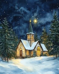 Fototapeta premium A tranquil snowy night at a quaint church under the starry sky. Generative AI.