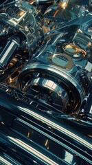 Illustrate a futuristic vision of automotive parts with a wide-angle perspective, incorporating sleek lines, metallic sheens, and dynamic lighting effects using CG 3D rendering