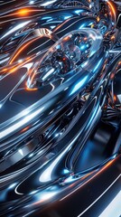 Illustrate a futuristic vision of automotive parts with a wide-angle perspective, incorporating sleek lines, metallic sheens, and dynamic lighting effects using CG 3D rendering