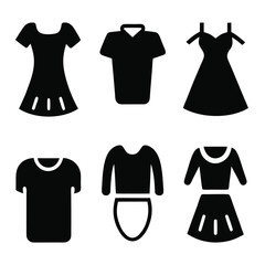 Set of black Clothing Line Icons Including T shirt, Dress and More on white background