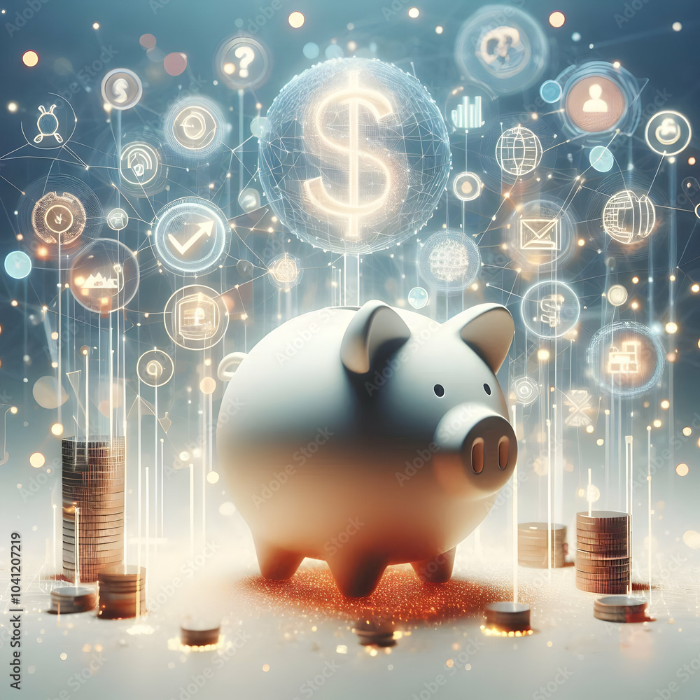 Poster 3d abstract bokeh piggy bank icons with investment symbols - soft bokeh background for savings wealt