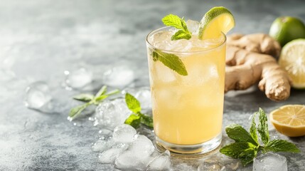 Fototapeta premium Chilled ginger ale served in a cup beside fresh ingredients and ice on a soft backdrop
