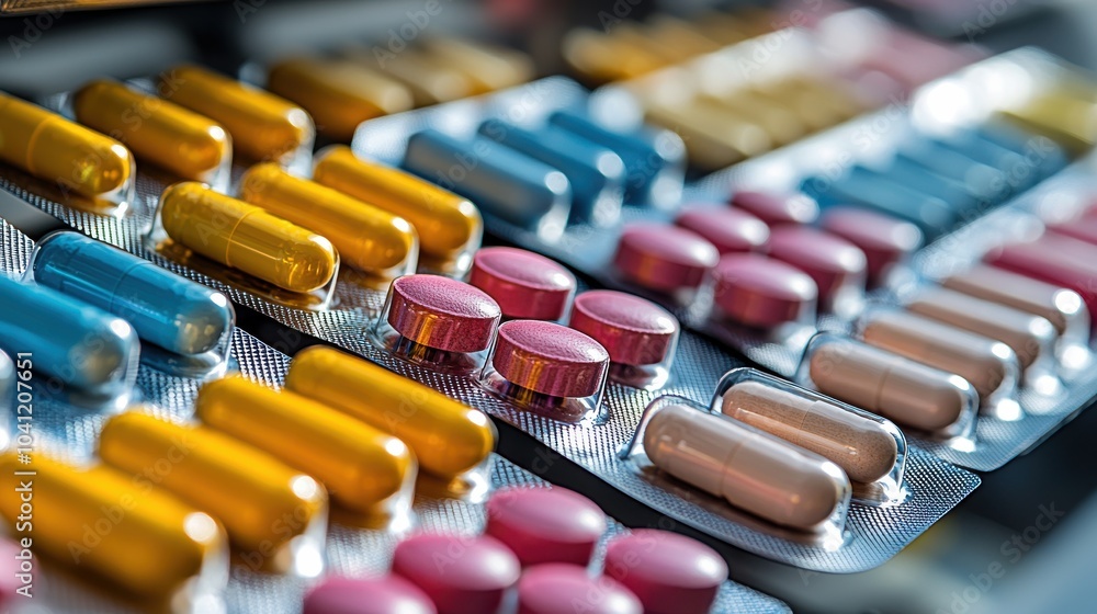 Poster a close-up view of various colorful capsules and tablets arranged neatly on multiple blister packs i