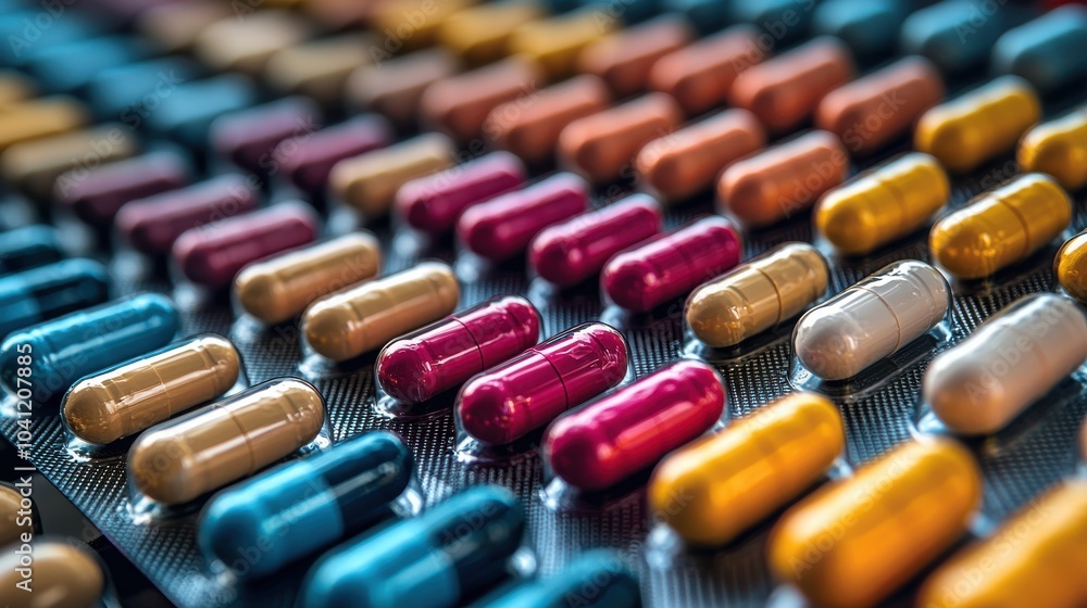 Poster colorful array of capsules arranged in rows, showcasing a variety of medications in close-up view du