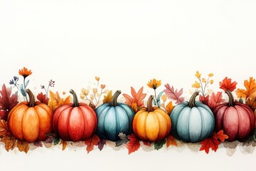 Thanksgiving background with copy space, pretty watercolour illustratoin of multi coloured small pumkins in a row, great for websites, cards, social media