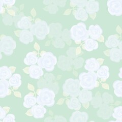 Light seamless pattern with flowers on green background. 