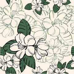 Seamless floral pattern with graphic flowers on beige background. 