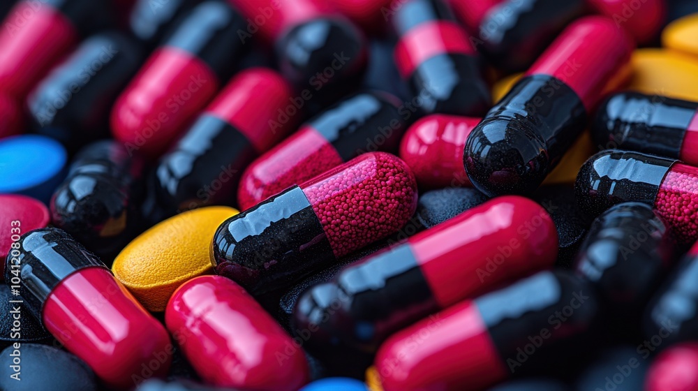 Poster colorful assortment of capsules showcasing various shapes and sizes on a dark surface in a well-lit 