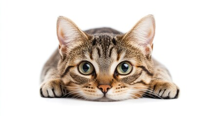 Fototapeta premium Bengal cat gazes intently Domestic feline on white backdrop