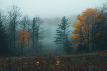 Fototapeta premium Foggy Forest with Tall Trees and Golden Leaves