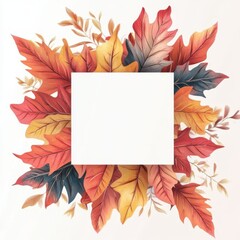Thanksgiving watercolour illustration with a white box for text, on top of pretty autumnal leaves, great for websites, cards, social media