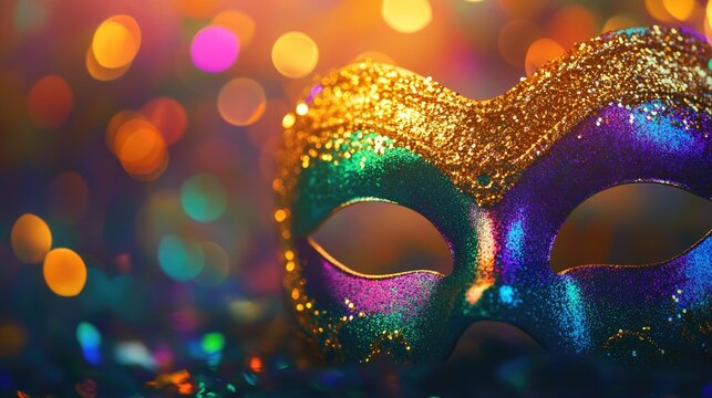Glittering mask in gold purple and green on a luminous bokeh background Ideal for festive celebrations parties and themed events Perfect for carnival and Mardi Gras concepts