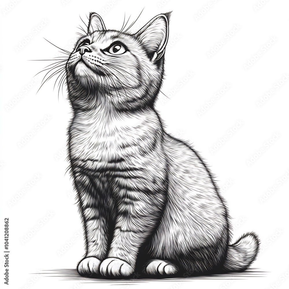 Poster simple handdrawn black and white outline of a cat with clear lines and a white background ready for 