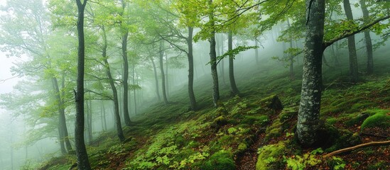 Misty Beech Forest On The Mountain Slope In A Nature Reserve