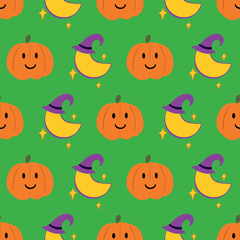 Cute Halloween holiday pumpkin and moon on green background, seamless pattern