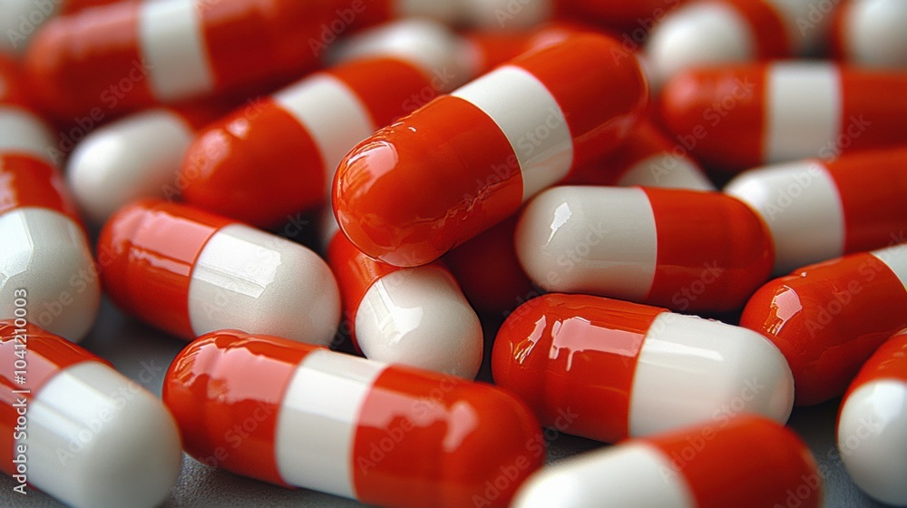 Poster capsules with a distinctive red and white design arranged closely on a neutral background, illustrat