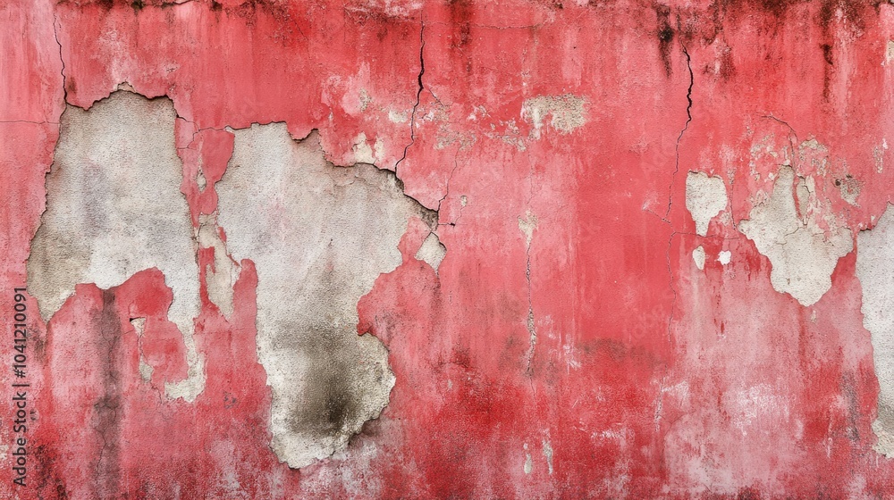Poster aged cement wall featuring peeling red paint visible cracks and ample empty space for text or graphi